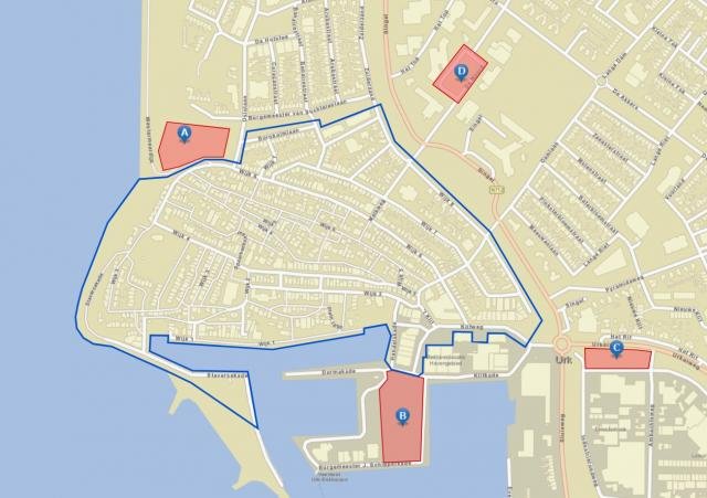 Plattegrond van Urk met daarop de 4 langparkeerplaatsen